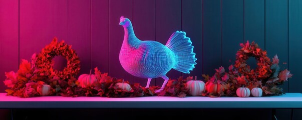 A futuristic Thanksgiving table adorned with glowing autumn table decor, a holographic turkey centerpiece, and digital fall wreaths