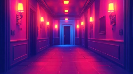 Neon-Lit Corridor with Vibrant Pink and Blue Lighting Creating a Futuristic and Mysterious Ambiance in a Modern Interior Setting