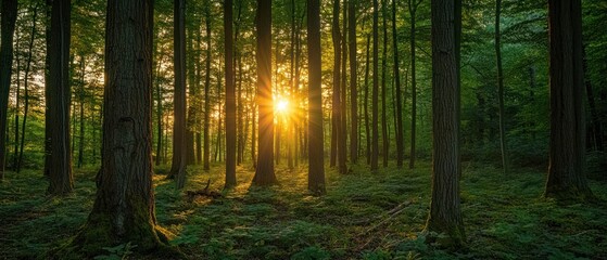 A serene forest scene with sunlight filtering through tall trees, creating a peaceful atmosphere.