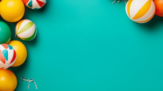 Colorful beach balls and balloons on a vibrant turquoise background