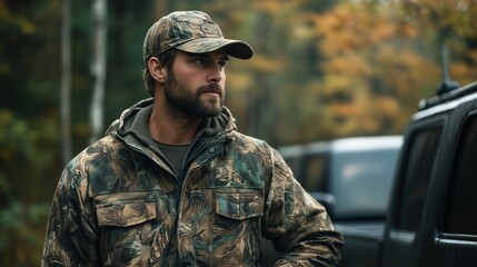 Obraz premium A hunter dressed in camouflage gear prepares for the upcoming outdoor adventure in a serene forest during autumn