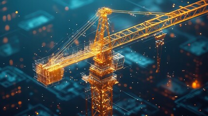 A yellow construction crane with digital technology overlay 