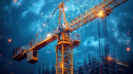 A yellow construction crane with digital technology overlay 
