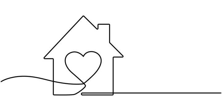 Heart inside house continuous one line drawn. Love home concept. Vector illustration isolated on white, Home Sweet Home Continuous Line Icon, Home with heart line art drawing vector illustration.