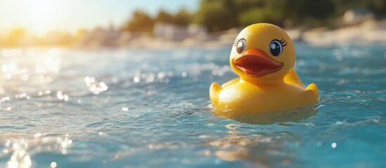 Bright Yellow Rubber Duck Floating in Clear Blue Water on a Sunny Day at the Beach with Soft Focus Background