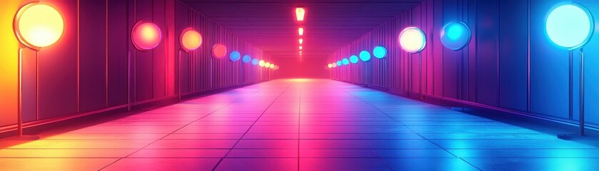 Futuristic Neon Corridor with Vibrant Red, Blue, and Purple Lighting Creating a Sci-Fi Atmosphere