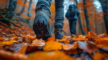 A Close-up View of the Feet of Two Hikers Walking Through a Forest Covered in Autumn Leaves