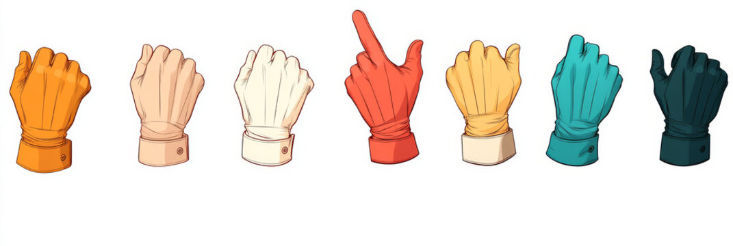 A set of colorful cartoon hands making different gestures.