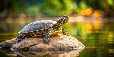 Fototapeta premium Close-up of a solitary turtle resting on a rock surrounded by calm waters , turtle, solitude, peaceful, relaxation, tranquil