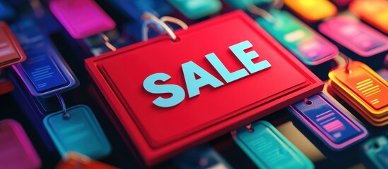 Vibrant Sale Sign with Colorful Tags in a Modern Retail Setting Highlighting Shopping and Discount Concepts
