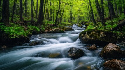 Obraz premium A serene forest scene featuring a flowing river surrounded by lush greenery.