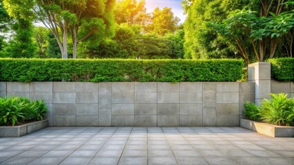 Obraz premium Concrete block wall with a pavement sidewalk, surrounded by a natural garden with green shrubs and trees , urban, architecture