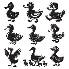 Set of duck silhouettes vector illustration