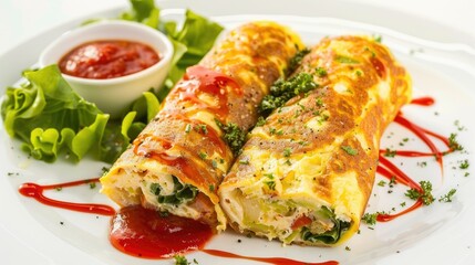 A plate of food with a red sauce on top