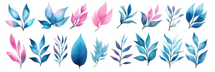 Fototapeta premium Watercolor blue and pink leaves clipart.