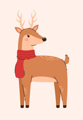 Christmas deer in a scarf. Flat vector illustration.