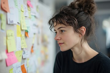 Young creative director organizing a brainstorming session, setting up materials and encouraging team participation