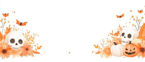 Fototapeta premium Playful Halloween-themed illustration with skulls, pumpkins, bats, and autumn flowers arranged at the corners of a white background.