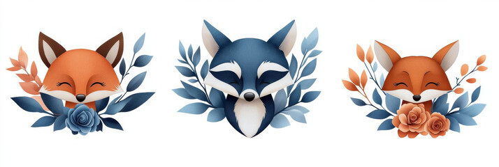 Fototapeta premium Cute fox, raccoon, and fox surrounded by leaves and flowers.