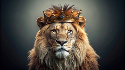 Fototapeta premium Lion wearing a crown symbolizing Christian royalty, lion, crown, Christian, concept art, regal, majestic