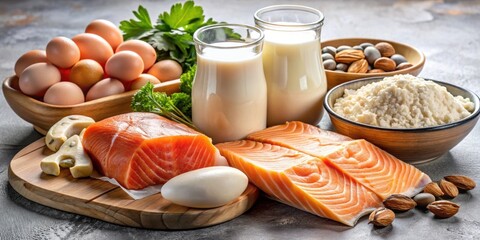 Variety of foods rich in vitamin D, including salmon, eggs, mushrooms, and fortified dairy products, vitamin D, nutrition