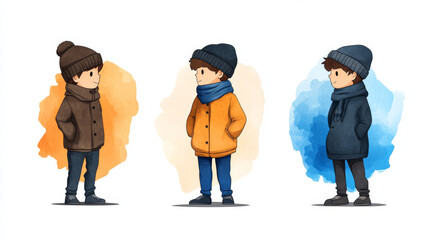 Three boys in winter wear stand on watercolor backgrounds