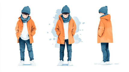 A young boy in a bright orange coat, blue beanie, and jeans.