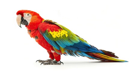 Fototapeta premium A colorful parrot is standing on a white background