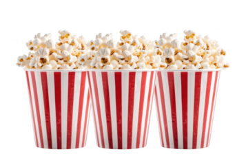 Three Transparent Red and White Striped Popcorn Buckets on Black Background