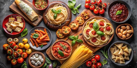 Assortment of delicious Italian food on a dark background, Italian, food, cuisine, pasta, pizza, olives, cheese, tomatoes