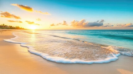 Serene Sandy Beach at Sunrise with Calm Sea