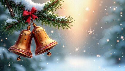 Christmas bells hanging on a snowy pine branch with a magical winter background