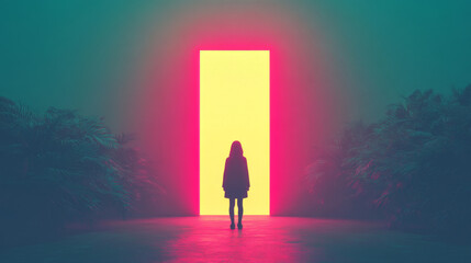 Woman silhouette stands before a bright glowing doorway.