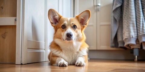 Fluffy corgi dog taking a break from the heat on the cool floor near a closet, corgi, fluffy, dog, resting, heat, cool floor