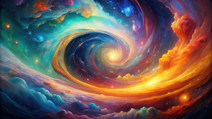 Colorful abstract painting resembling swirling cosmic elements with vibrant colors and textures, abstract, vibrant, painting