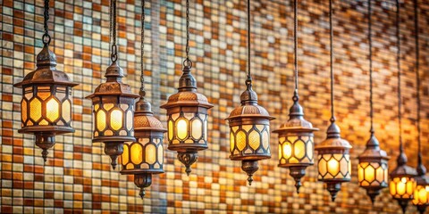 Obraz premium Lamps hanging from roof against tile background, lamps, hanging, roof, tile, background, interior, design, decor, lighting