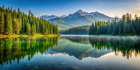 Obraz premium Reflection of forest and mountains on serene lake surface, nature, landscape, water, mirror image, tranquility, peaceful