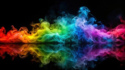 Fototapeta premium Vibrant display of colorful smoke waves reflecting on a dark surface, abstract, visual effect, colorful, vibrant, smoke