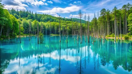 Beautiful blue pond surrounded by lush greenery in summer Biei, Hokkaido, Japan , Blue, Pond, Water, Reflection, Nature, Scenic