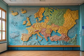 Naklejka premium A large, colorful, 3D relief map of Europe hangs on a wall in a room with blue walls, a wooden floor, and a window.