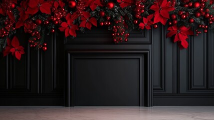 Elegant black fireplace adorned with festive red decorations