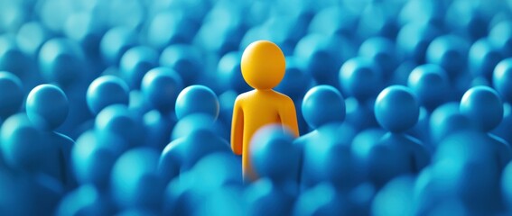 individuality, uniqueness, standing out, crowd, blue background, focus, concept of individuality, leadership A bright orange figure stands out among a sea of blue figures, emphasizing the theme of u