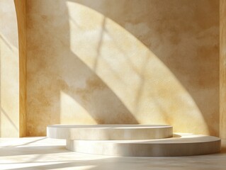 A minimalist interior with curved steps and soft lighting creating a serene atmosphere.