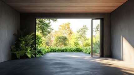 Fototapeta premium A minimalist interior space with large windows showcasing a vibrant natural landscape.