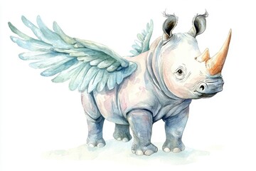 Fototapeta premium A whimsical illustration of a winged rhinoceros, blending fantasy and nature in vibrant colors, perfect for creative projects.