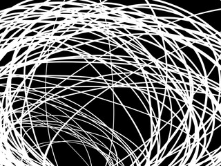 White tangled thread background. Circular abstract pen stroke vector illustration, on black background. Tangled scribbles hand drawn doodles. Vector illustration isolated on black background.