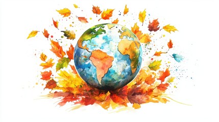Naklejka premium Colorful watercolor illustration of Earth surrounded by autumn leaves, symbolizing nature and seasonal change.