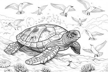 Fototapeta premium A detailed black and white illustration of a sea turtle surrounded by flying birds, capturing a serene underwater scene.