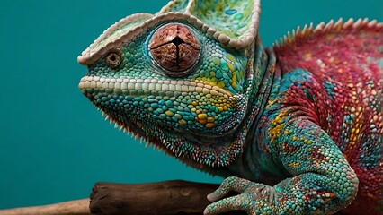 Obraz premium vibrant close up photograph of a chameleon, showcasing its intricate and colorful skin patterns displaying a mix of vivid blues, greens, reds, and yellows across its body