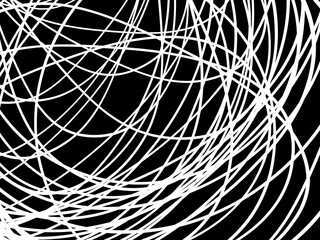 White tangled thread background. Circular abstract pen stroke vector illustration, on black background. Tangled scribbles hand drawn doodles. Vector illustration isolated on black background.